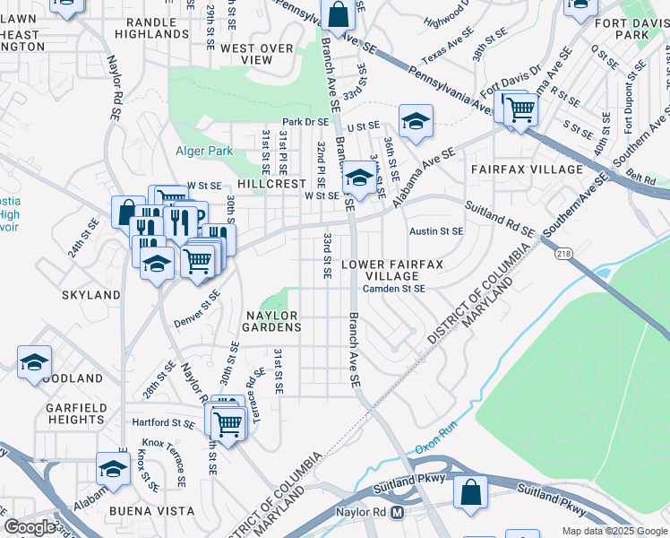 map of restaurants, bars, coffee shops, grocery stores, and more near 2406 33rd Street Southeast in Washington