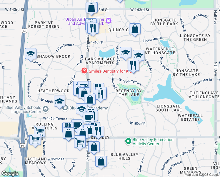 map of restaurants, bars, coffee shops, grocery stores, and more near 6712 West 148th Street in Overland Park