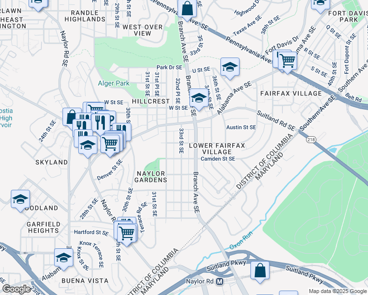 map of restaurants, bars, coffee shops, grocery stores, and more near 2406 33rd Street Southeast in Washington