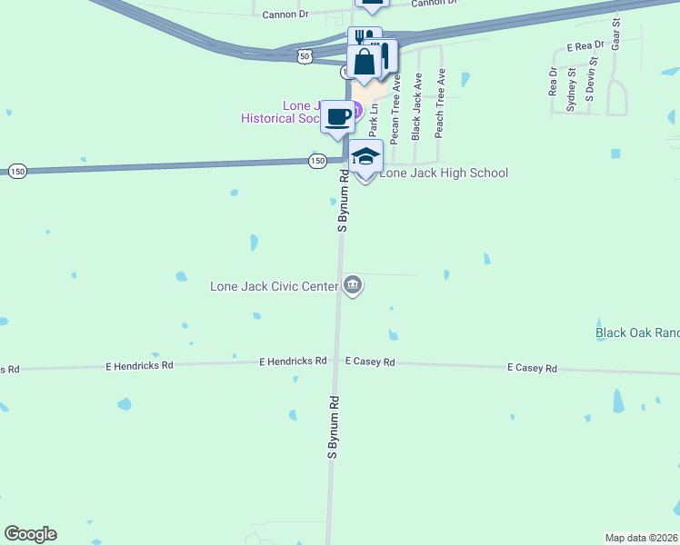 map of restaurants, bars, coffee shops, grocery stores, and more near 590 South Bynum Road in Lone Jack