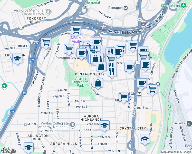 map of restaurants, bars, coffee shops, grocery stores, and more near 740 15th Street South in Arlington