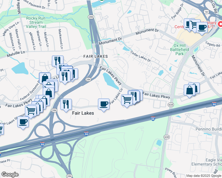 map of restaurants, bars, coffee shops, grocery stores, and more near 12450 Fair Lakes Circle in Fairfax