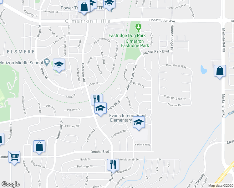 map of restaurants, bars, coffee shops, grocery stores, and more near 1966 Mineola Court in Colorado Springs