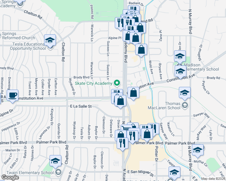 map of restaurants, bars, coffee shops, grocery stores, and more near 1920 North Academy Boulevard in Colorado Springs
