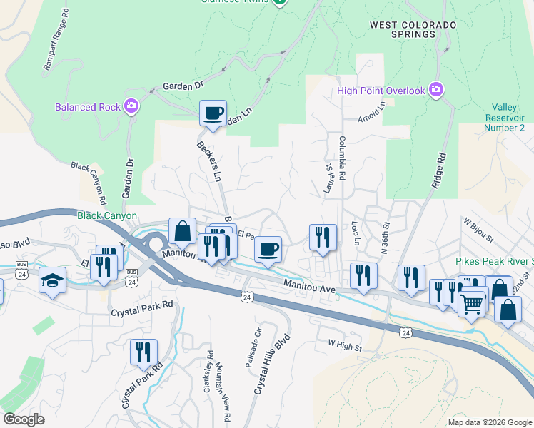 map of restaurants, bars, coffee shops, grocery stores, and more near 34 Via Maria Theresia in Manitou Springs