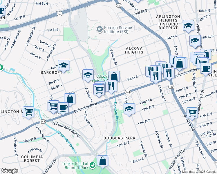 map of restaurants, bars, coffee shops, grocery stores, and more near 908 South Randolph Street in Arlington