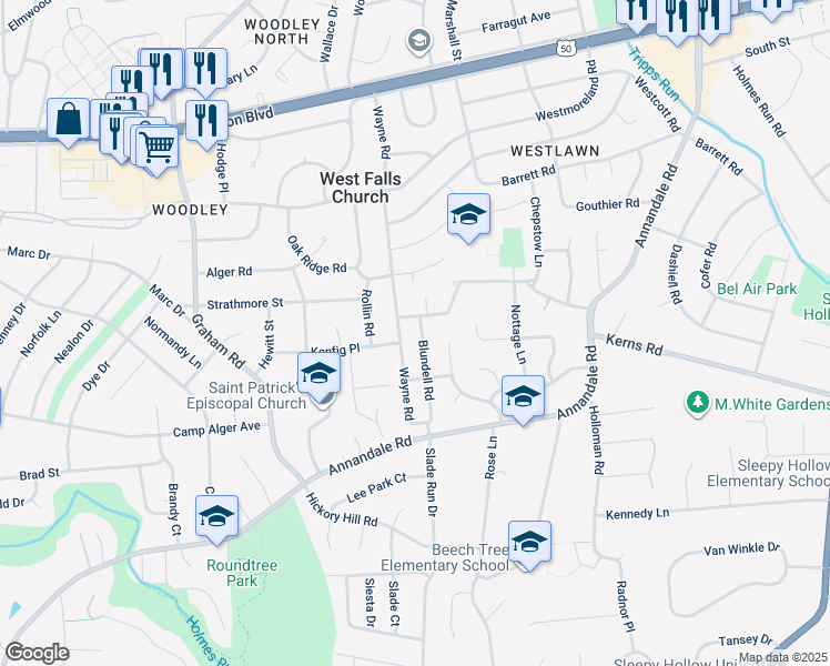 map of restaurants, bars, coffee shops, grocery stores, and more near 3218 Blundell Road in Falls Church