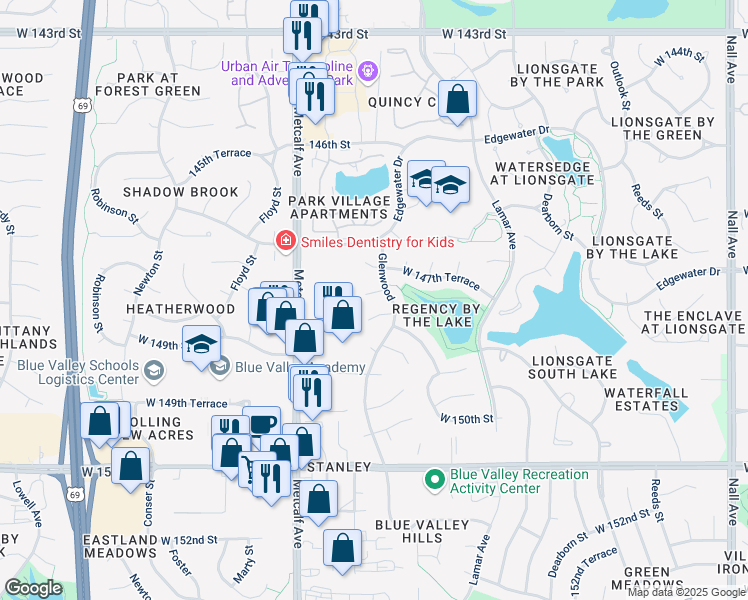 map of restaurants, bars, coffee shops, grocery stores, and more near 6712 West 148th Street in Overland Park