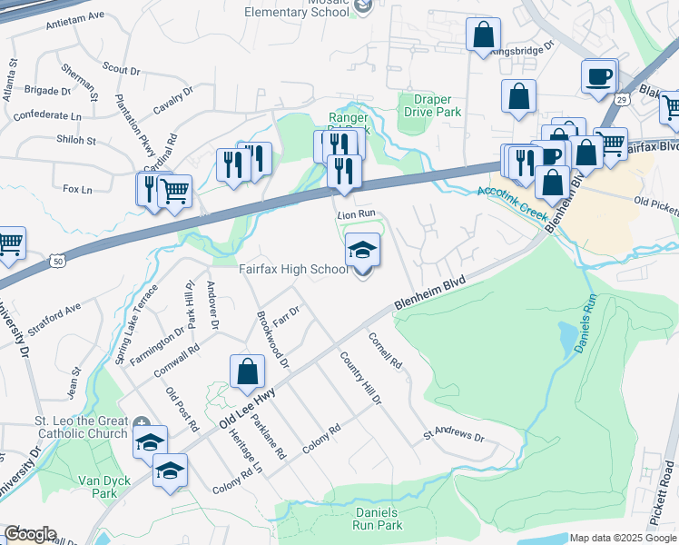 map of restaurants, bars, coffee shops, grocery stores, and more near 3501 Lion Run in Fairfax