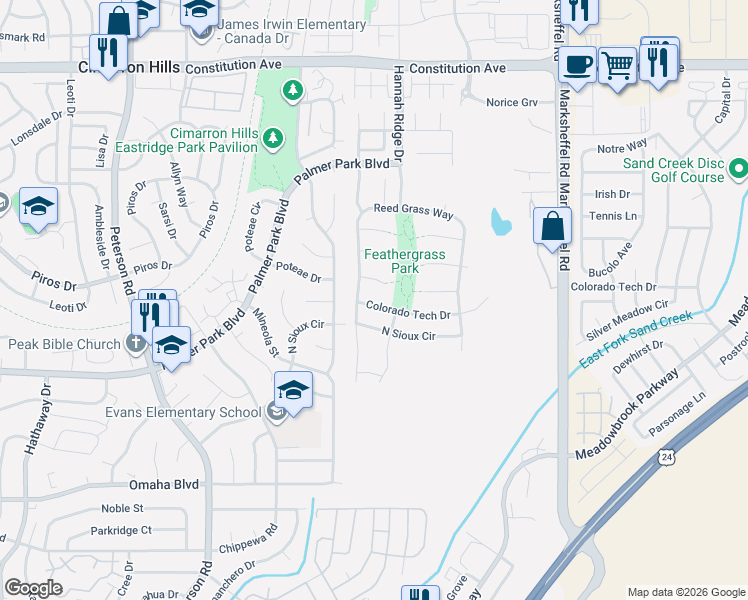 map of restaurants, bars, coffee shops, grocery stores, and more near 7329 Grama Grass Court in Colorado Springs