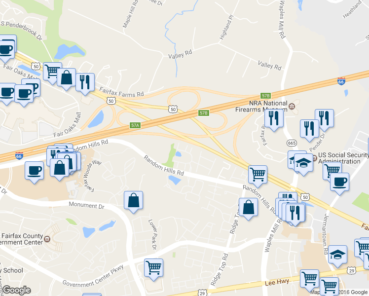 map of restaurants, bars, coffee shops, grocery stores, and more near 4034 Stonehenge Way in Fairfax