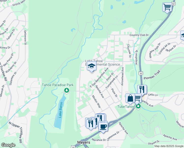map of restaurants, bars, coffee shops, grocery stores, and more near 1095 East San Bernardino Avenue in South Lake Tahoe