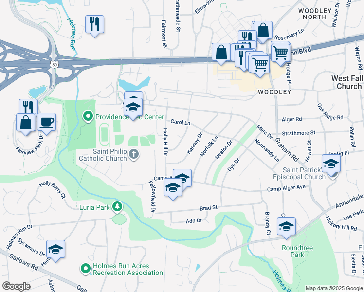 map of restaurants, bars, coffee shops, grocery stores, and more near 3221 Parkwood Terrace in Falls Church