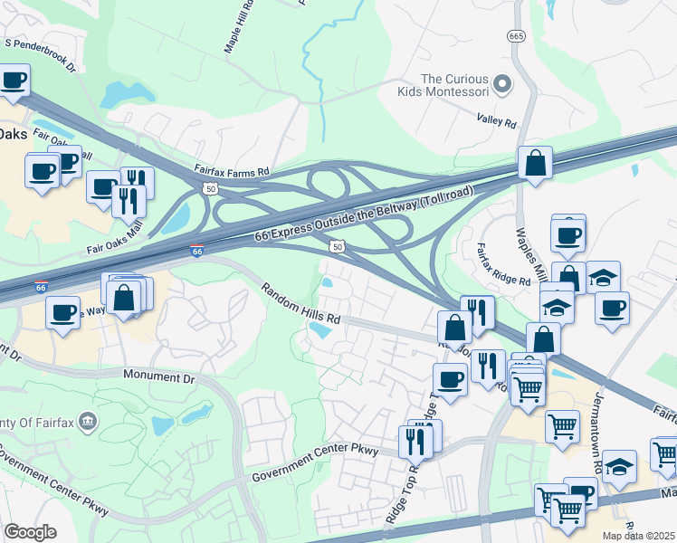 map of restaurants, bars, coffee shops, grocery stores, and more near 4034 Stonehenge Way in Fairfax