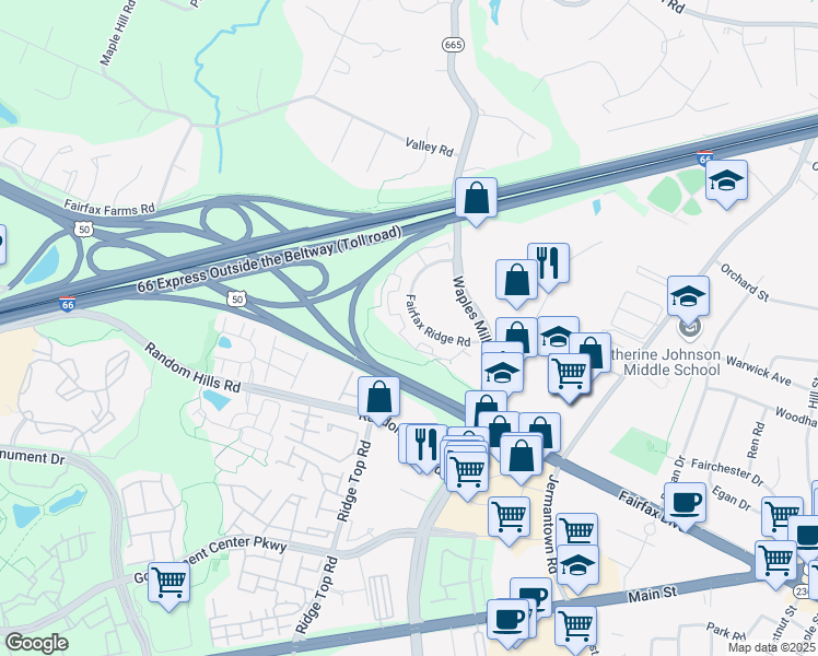 map of restaurants, bars, coffee shops, grocery stores, and more near 11355 Aristotle Drive in Fairfax
