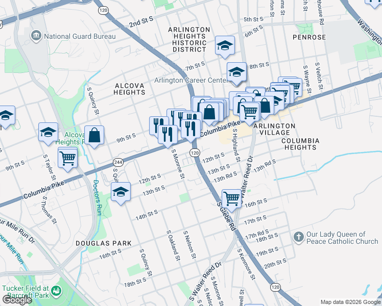 map of restaurants, bars, coffee shops, grocery stores, and more near 3408 11th Street South in Arlington