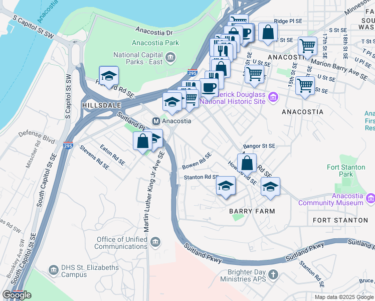 map of restaurants, bars, coffee shops, grocery stores, and more near 2500 Sayles Place Southeast in Washington