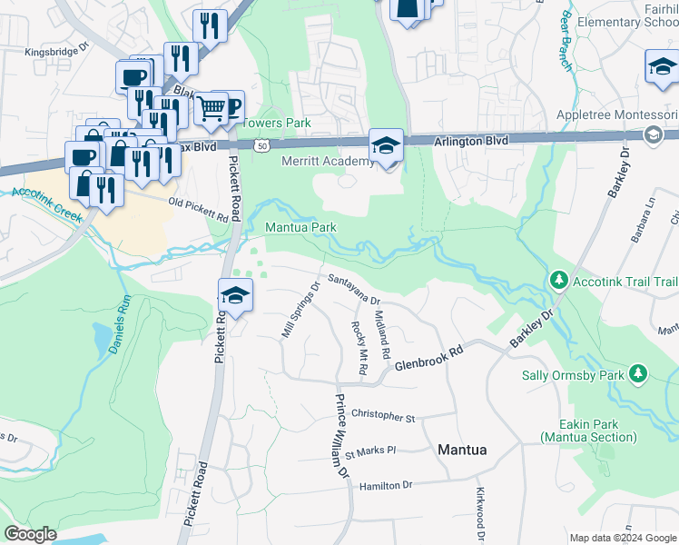 map of restaurants, bars, coffee shops, grocery stores, and more near 9220 Santayana Drive in Fairfax