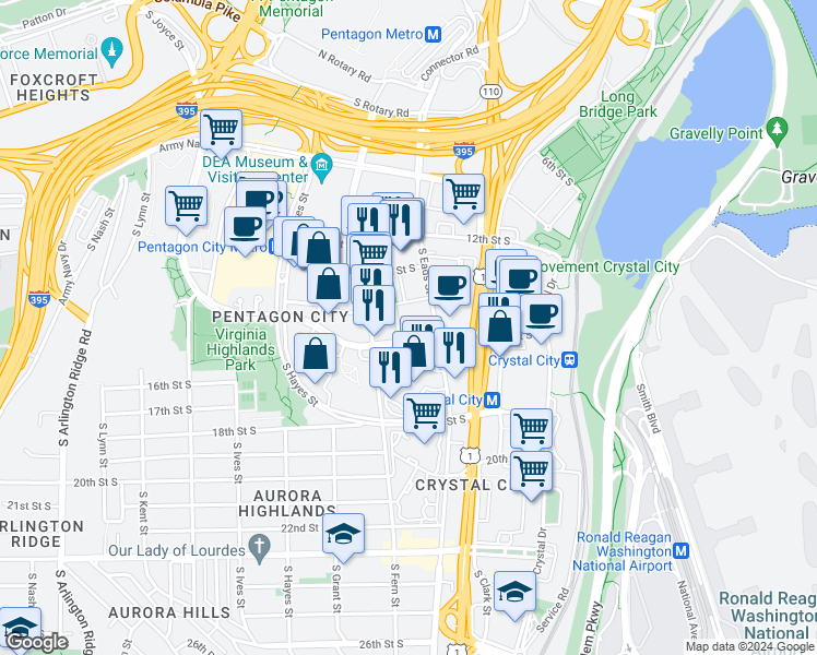 map of restaurants, bars, coffee shops, grocery stores, and more near 525 15th Street South in Arlington