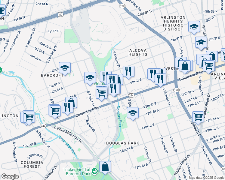map of restaurants, bars, coffee shops, grocery stores, and more near 908 South Randolph Street in Arlington