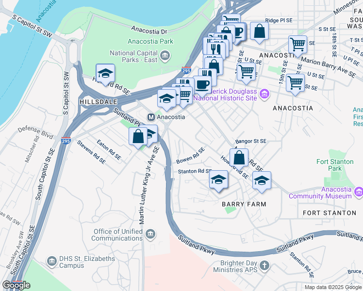 map of restaurants, bars, coffee shops, grocery stores, and more near 2500 Sayles Place Southeast in Washington