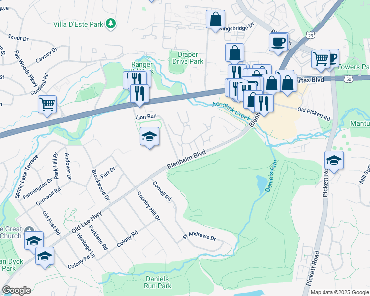 map of restaurants, bars, coffee shops, grocery stores, and more near 3602 Devilwood Court in Fairfax
