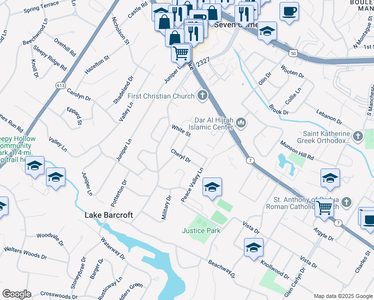 map of restaurants, bars, coffee shops, grocery stores, and more near 6211 Colmac Drive in Falls Church