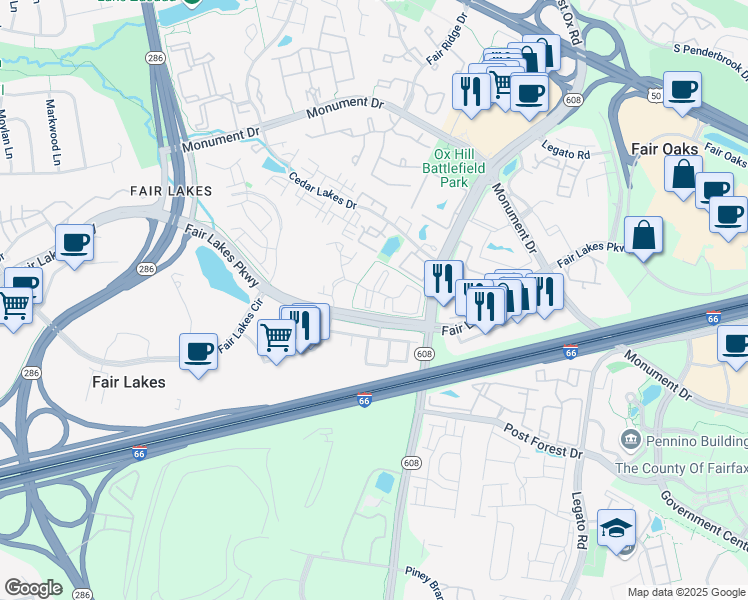 map of restaurants, bars, coffee shops, grocery stores, and more near 12315 Oak Creek Lane in Fairfax