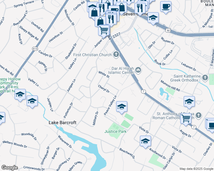 map of restaurants, bars, coffee shops, grocery stores, and more near 6211 Colmac Drive in Falls Church