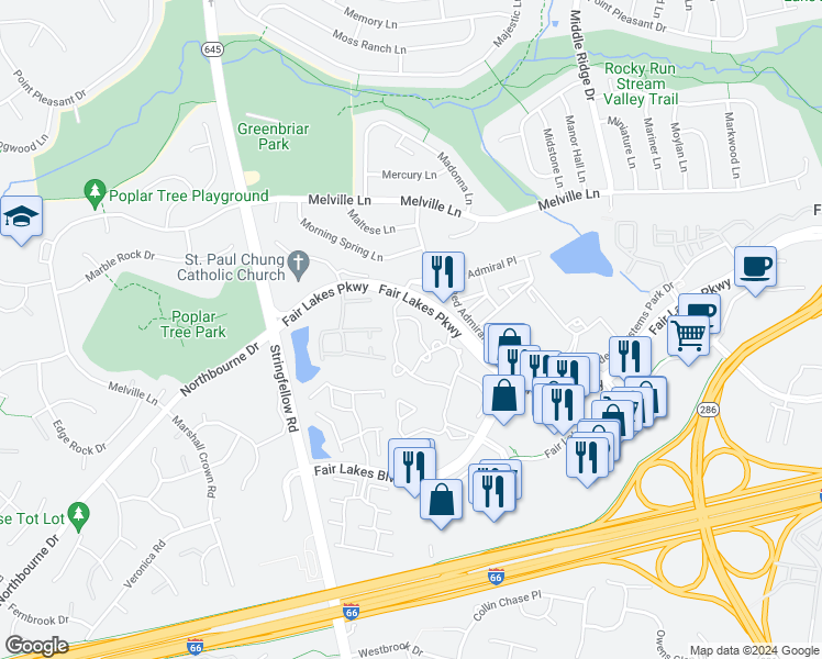 map of restaurants, bars, coffee shops, grocery stores, and more near 13105 Tall Shadows Lane in Fairfax