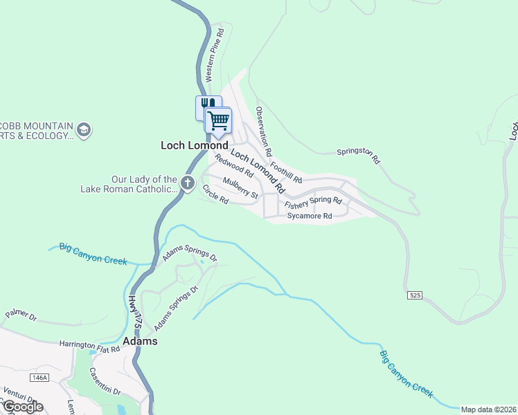 map of restaurants, bars, coffee shops, grocery stores, and more near 10484 Redwood Road in Loch Lomond