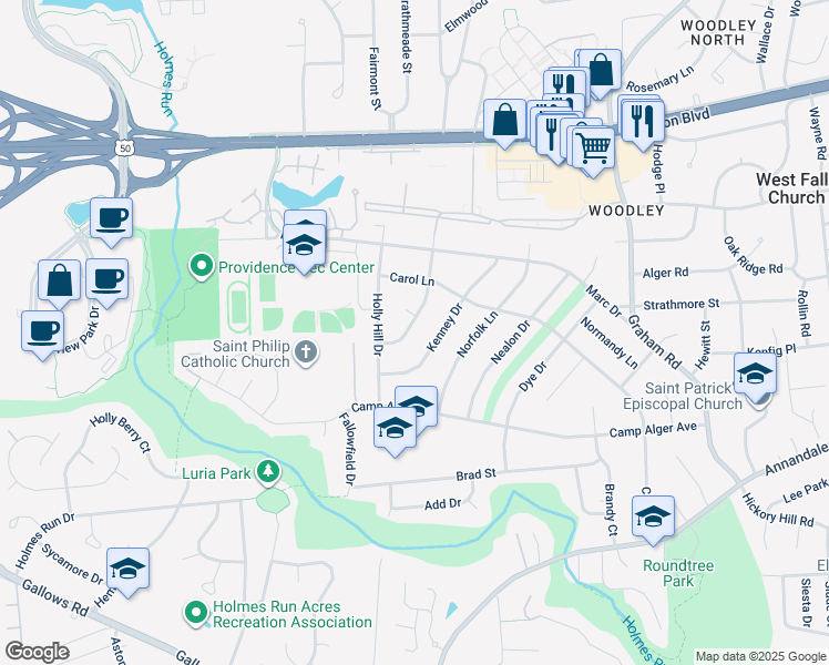 map of restaurants, bars, coffee shops, grocery stores, and more near 3221 Parkwood Terrace in Falls Church