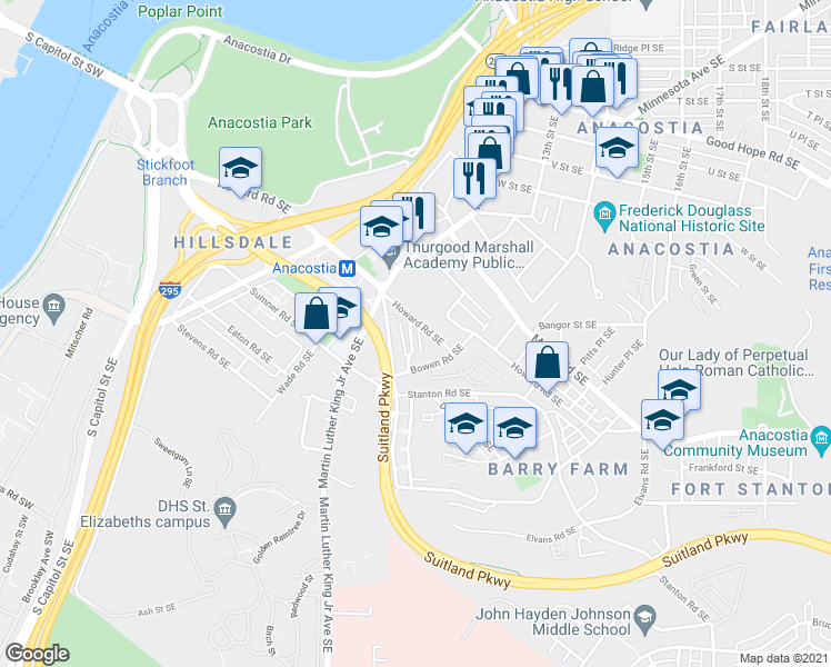 map of restaurants, bars, coffee shops, grocery stores, and more near 2500 Sayles Place Southeast in Washington