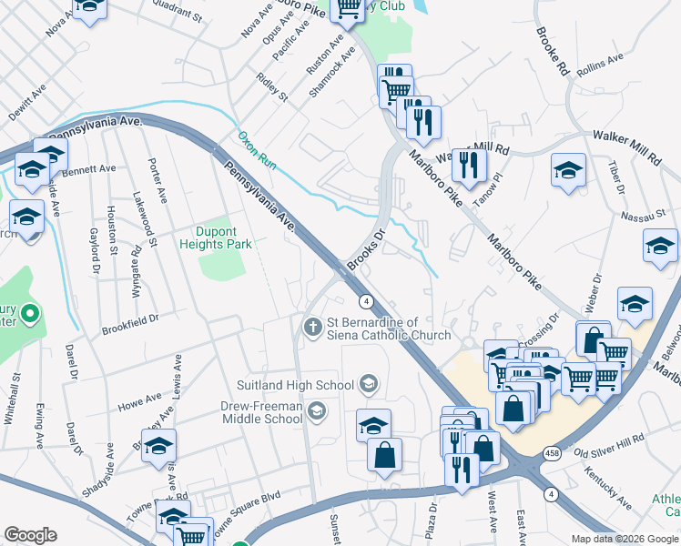 map of restaurants, bars, coffee shops, grocery stores, and more near Pennsylvania Avenue & Brooks Drive in Suitland-Silver Hill