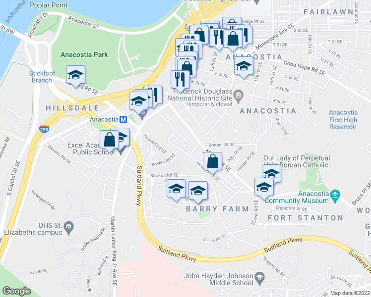 map of restaurants, bars, coffee shops, grocery stores, and more near 1356 Dexter Terrace Southeast in Washington
