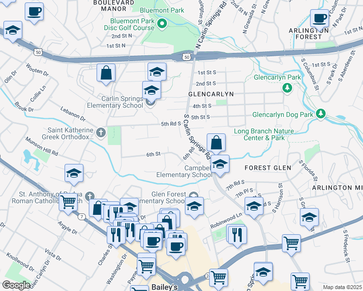 map of restaurants, bars, coffee shops, grocery stores, and more near 550 South Carlin Springs Road in Arlington