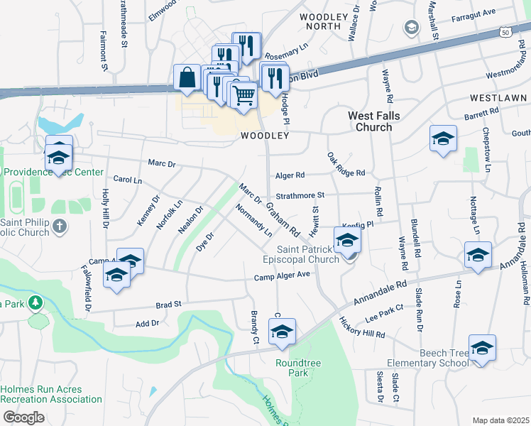 map of restaurants, bars, coffee shops, grocery stores, and more near 7205 Marc Drive in Falls Church
