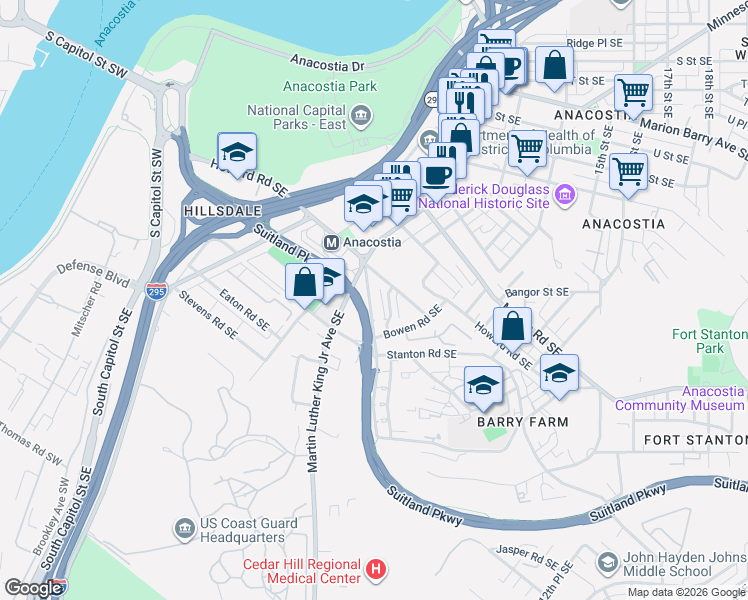map of restaurants, bars, coffee shops, grocery stores, and more near 2516 Sheridan Road Southeast in Washington