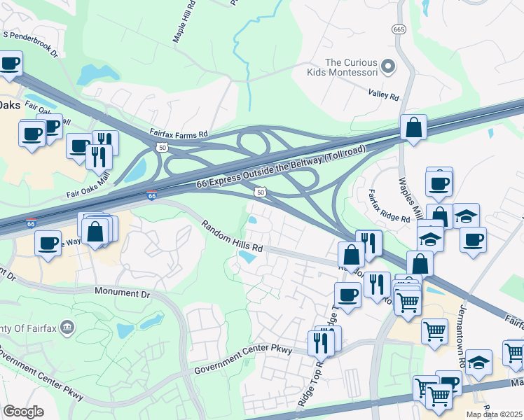 map of restaurants, bars, coffee shops, grocery stores, and more near 4032 Stonehenge Way in Fairfax