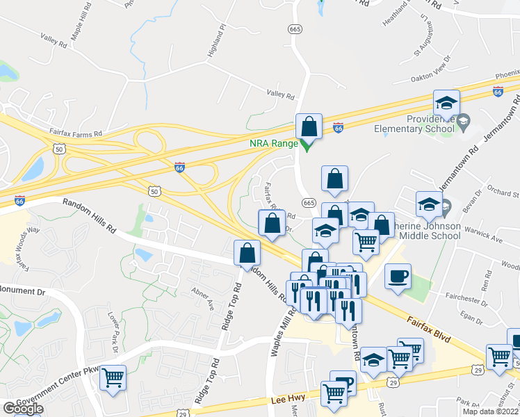 map of restaurants, bars, coffee shops, grocery stores, and more near 11350 Aristotle Drive in Fairfax