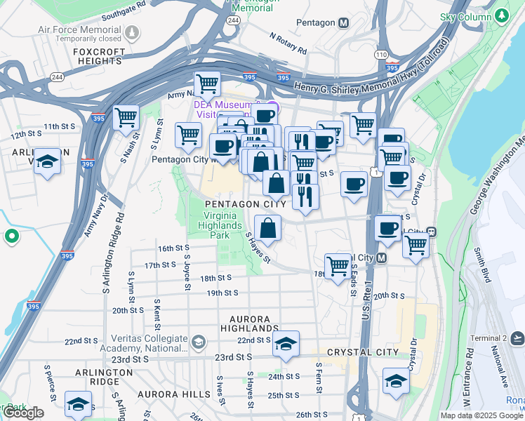 map of restaurants, bars, coffee shops, grocery stores, and more near 740 15th Street South in Arlington