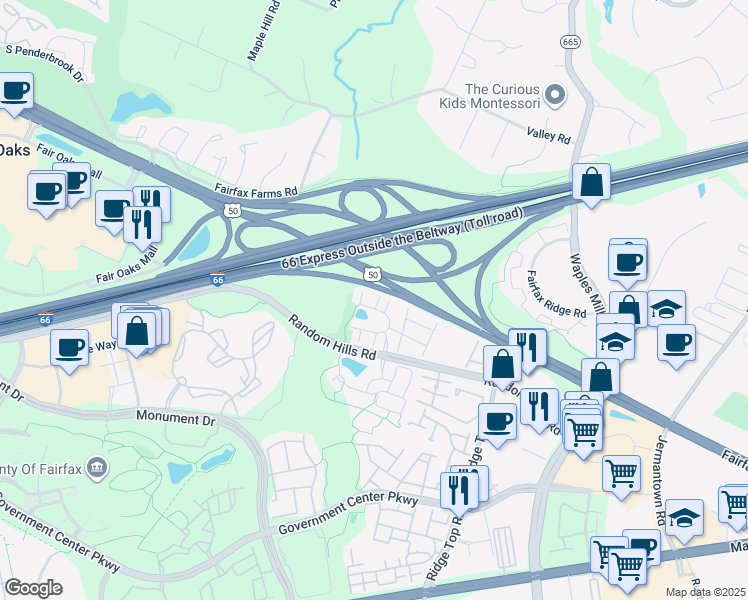 map of restaurants, bars, coffee shops, grocery stores, and more near 4032 Stonehenge Way in Fairfax
