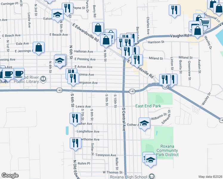 map of restaurants, bars, coffee shops, grocery stores, and more near 907 East Madison Avenue in Wood River
