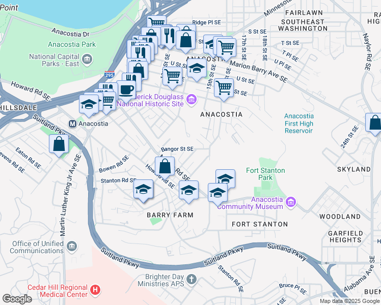 map of restaurants, bars, coffee shops, grocery stores, and more near 2301 Pitts Place Southeast in Washington
