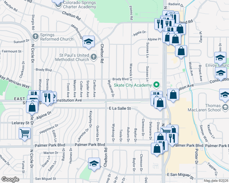 map of restaurants, bars, coffee shops, grocery stores, and more near 1927 Wynkoop Drive in Colorado Springs
