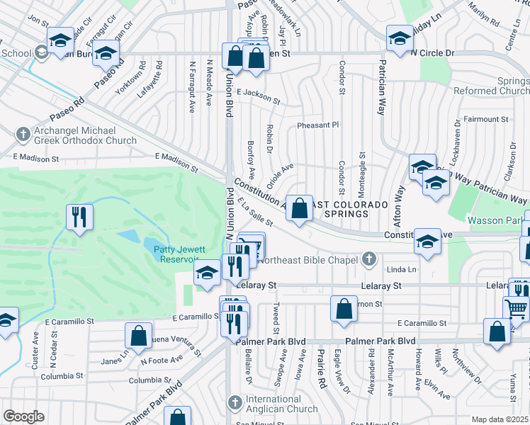 map of restaurants, bars, coffee shops, grocery stores, and more near 1930 East La Salle Street in Colorado Springs