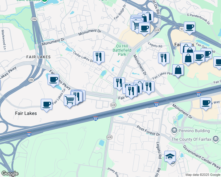 map of restaurants, bars, coffee shops, grocery stores, and more near 12305 Oak Creek Lane in Fairfax