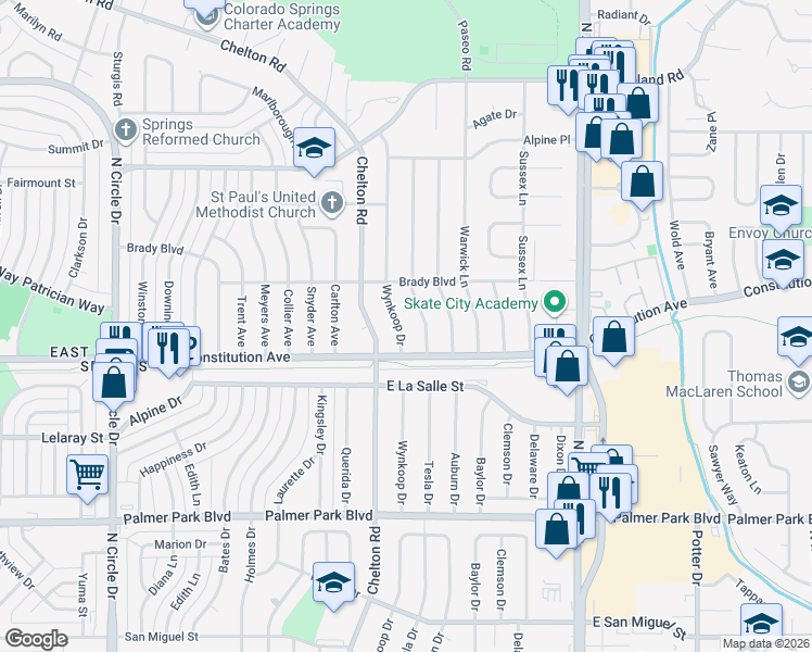 map of restaurants, bars, coffee shops, grocery stores, and more near 1927 Wynkoop Drive in Colorado Springs