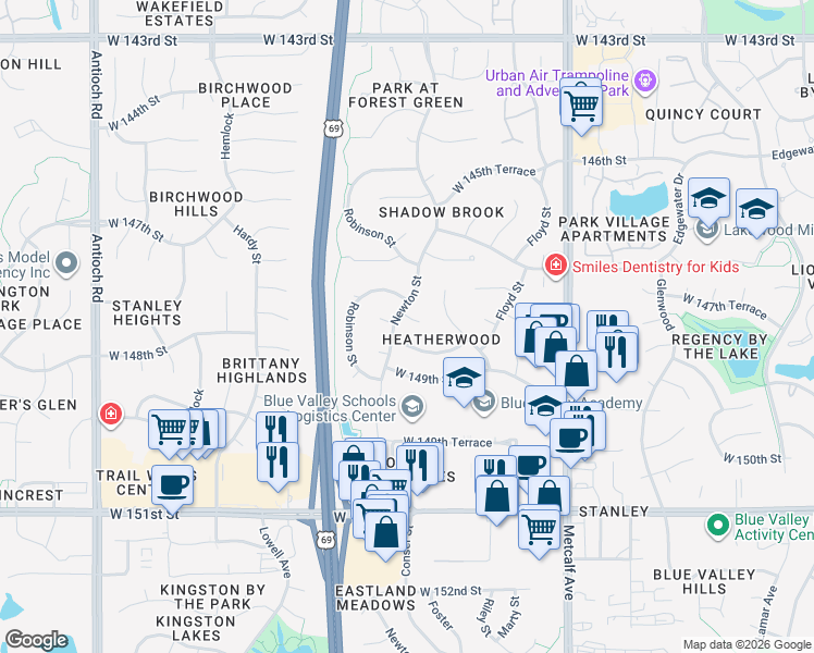 map of restaurants, bars, coffee shops, grocery stores, and more near 7621 W 148th St in Overland Park