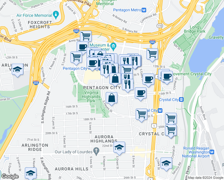 map of restaurants, bars, coffee shops, grocery stores, and more near 15th St S & S Hayes St in Arlington
